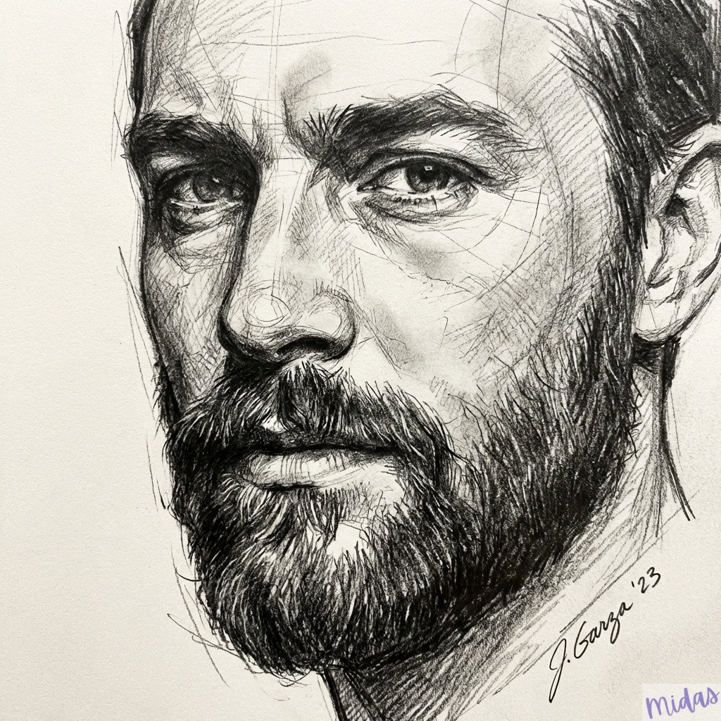 _A refined semi-realistic graphite pencil portrait style. Hand-drawn look with e