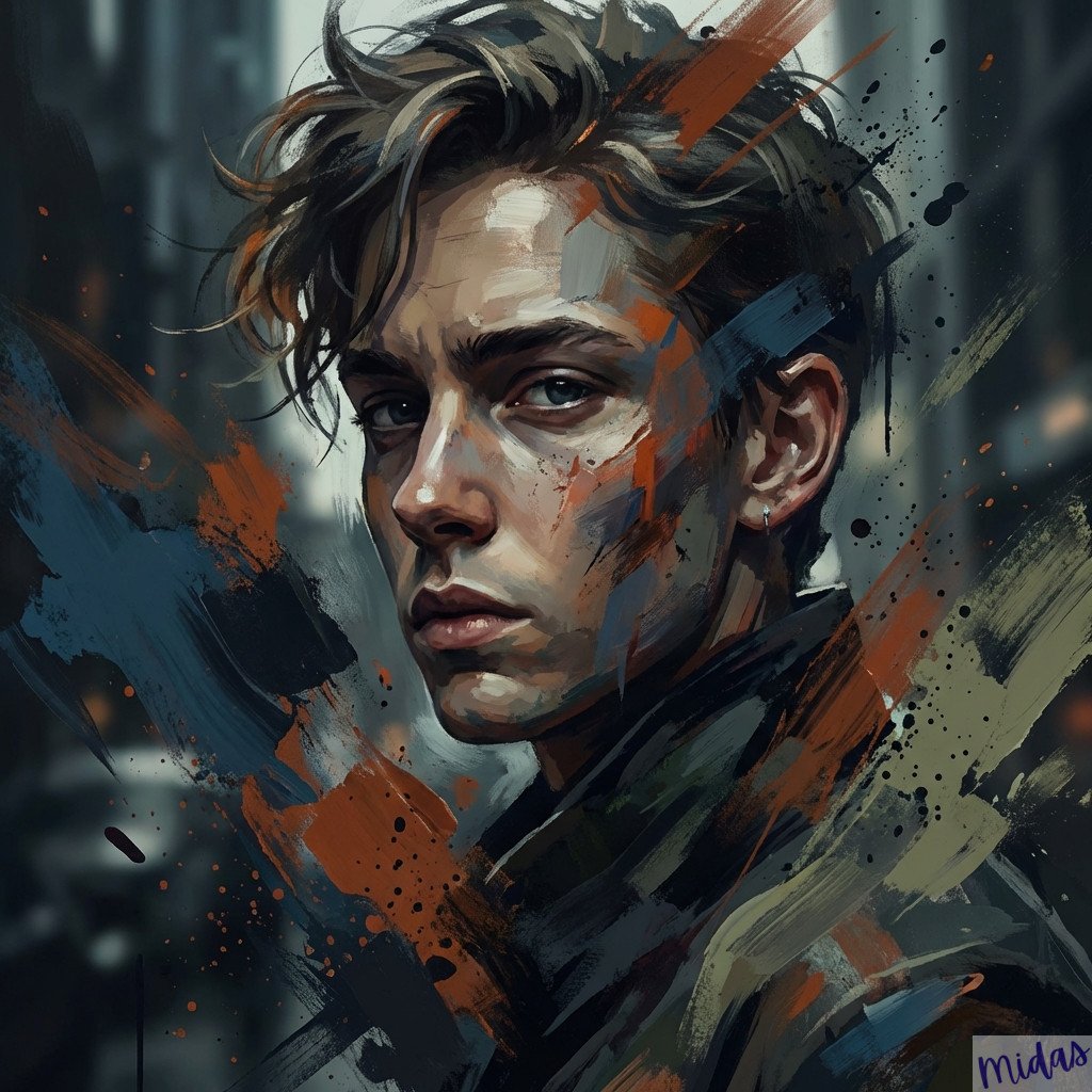 Expressive modern digital painting, semi-realistic portrait, dynamic brush strok