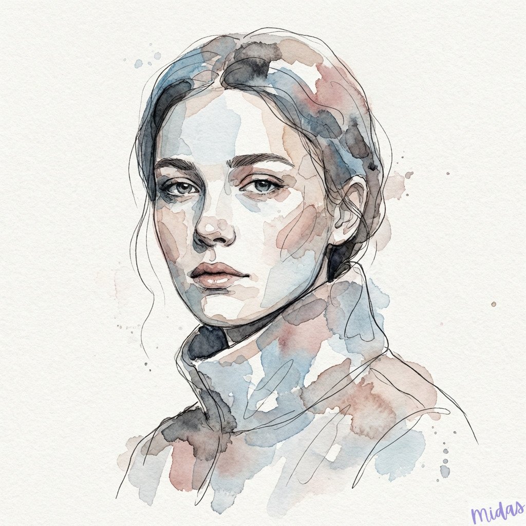 _Expressive watercolor portrait combined with fine ink line-art. Loose, flowing