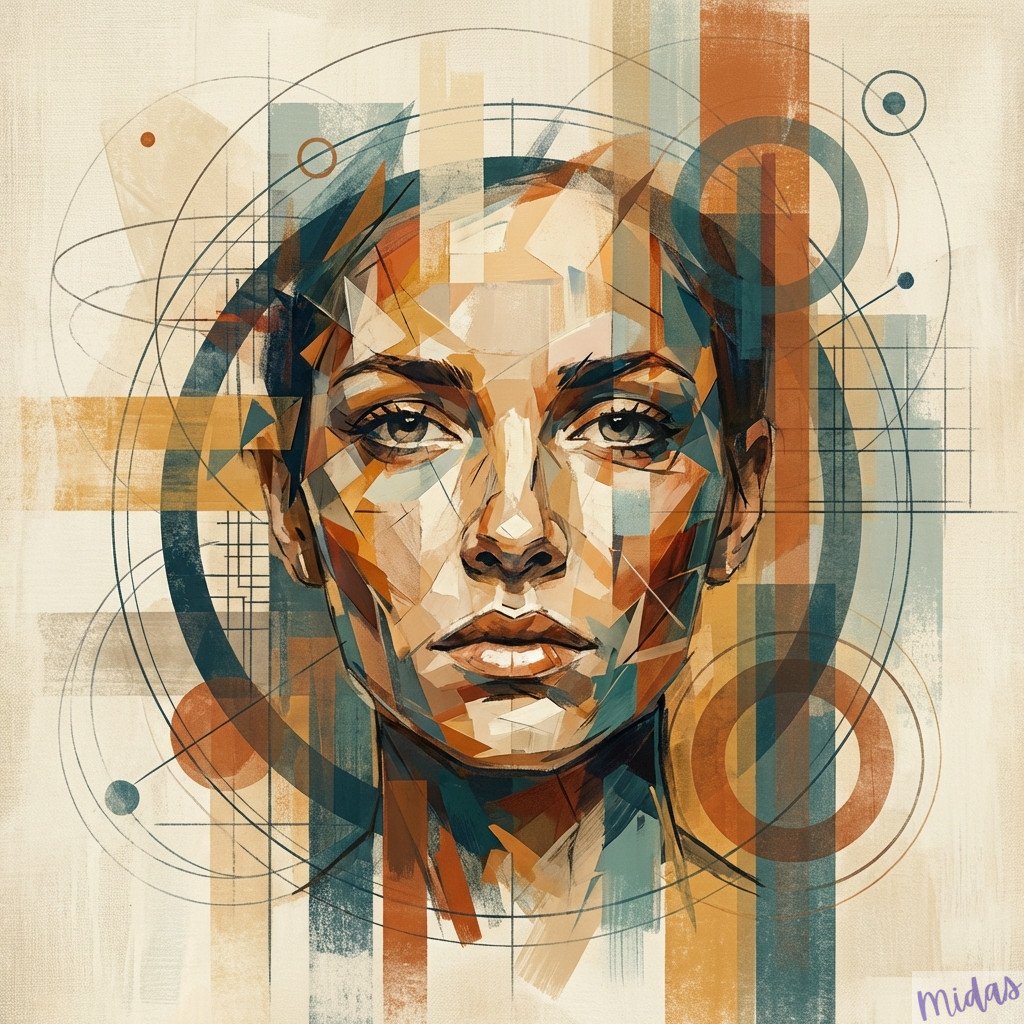 _The subject’s face is constructed from fragmented geometric brushstrokes, sharp