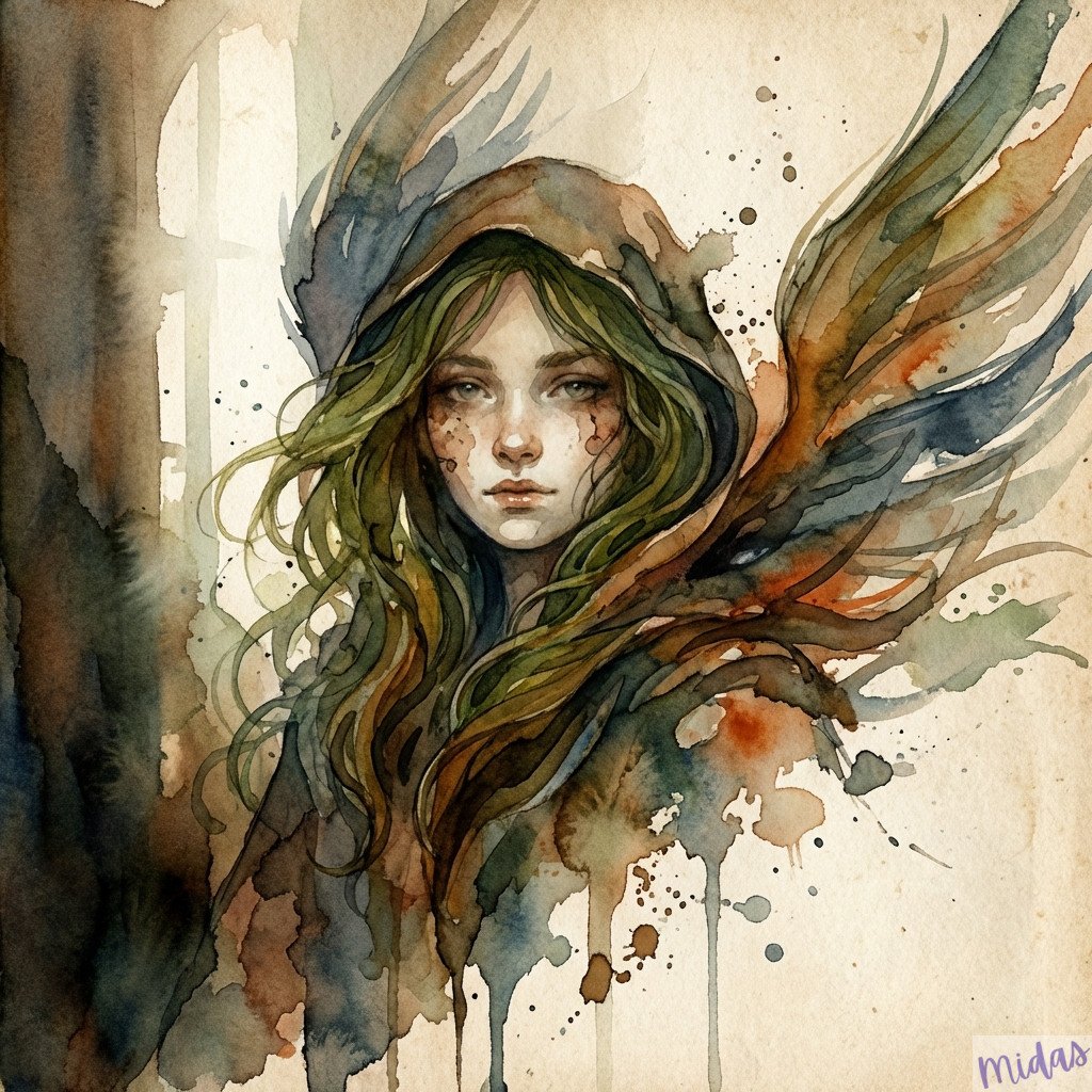 Watercolor fantasy portrait illustration, flowing brushstrokes with splash effec